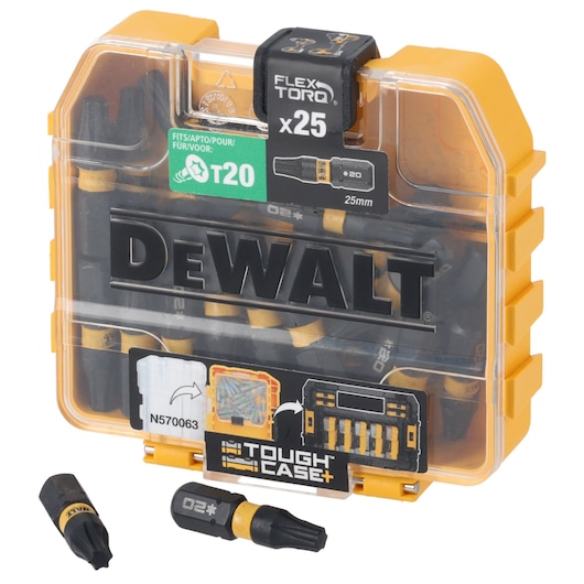 DEWALT ToughCase+ set DT70557T containing 25 Torx T20 screwdriver bits in a transparent and yellow plastic case, showing two bits in front of the box.