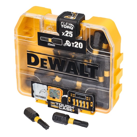 A DEWALT branded yellow and clear plastic Tough Case containing 25 FlexTorq T20 25mm screwdriver bits. The packaging is labeled with DEWALT branding and has two sample bits positioned in front of the case.
