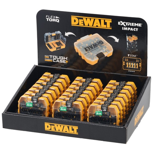 Display box containing multiple DEWALT ToughCase+ sets with FlexTorq Extreme Impact screwdriver bits. The cases are yellow and black, securely packed in rows, designed for durable storage and easy transport.
