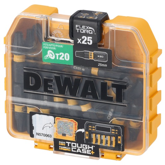 A DEWALT Tough Case+ containing 25 FlexTorq T20 screwdriver bits, each 25mm long. The transparent and yellow plastic storage case displays the DEWALT logo and product information on the front.
