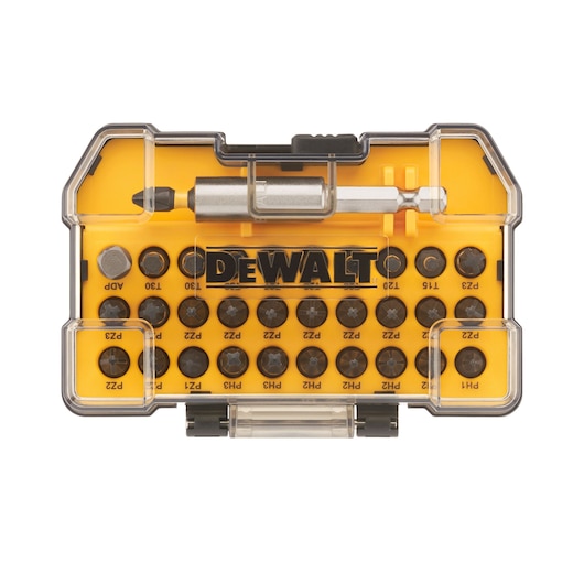 A DEWALT branded yellow and black plastic case containing a precision screwdriver bit set. The case is transparent on the top, showing several organized bits and a bit holder inside.