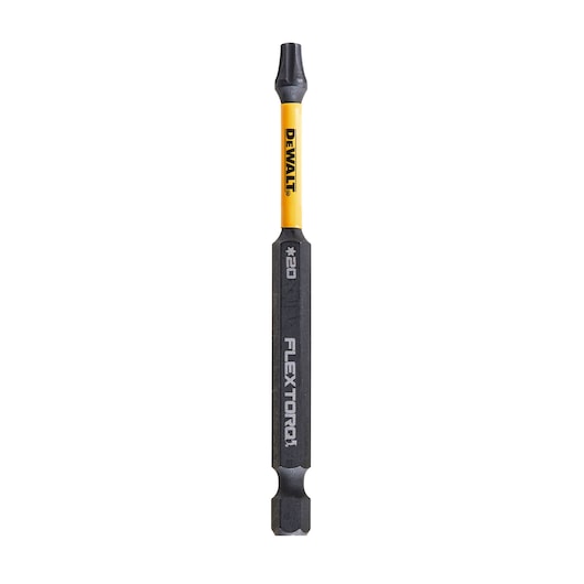 A DEWALT DT70568T FLEXTORQ screwdriver bit with a yellow shaft and black tip, shown vertically against a white background.