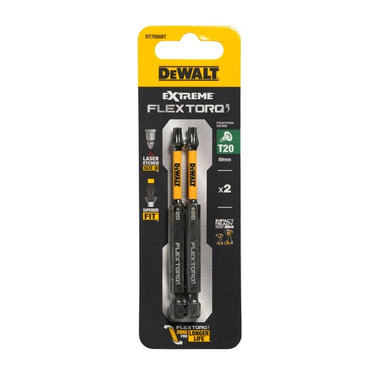 Pack of two DEWALT Extreme FlexTorq T20 89mm impact ready screwdriver bits in black and yellow packaging. The bits are designed for superior fit, have laser etched size identification, and are suitable for power tools.