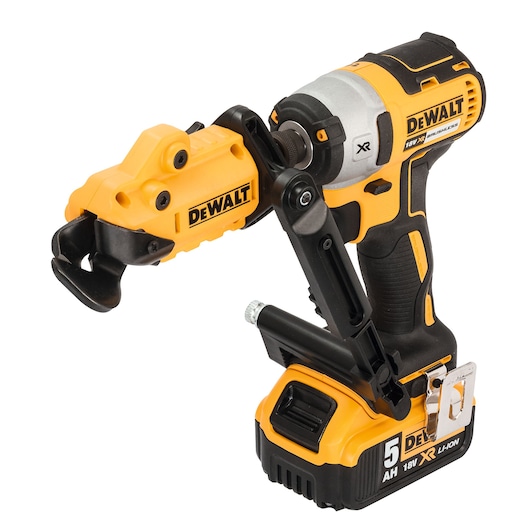 A DEWALT DT70620 cordless power tool featuring a yellow and black design with a lithium-ion battery pack and a specialized attachment. The tool is suited for professional use and heavy-duty applications.