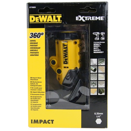 DEWALT DT70620 Extreme Impact Shear Attachment for impact drivers in original retail packaging. The product is yellow and black, features a 360-degree swivel head, and is compatible with several brands including DEWALT, BOSCH, HILTI, MAKITA, and MILWAUKEE. Suitable for cutting various materials over 1.5mm thickness.