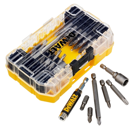 A DEWALT screwdriving bit set in a yellow plastic case with a transparent lid, showing several screwdriver bits inside, and additional bits and a bit holder displayed outside the case.