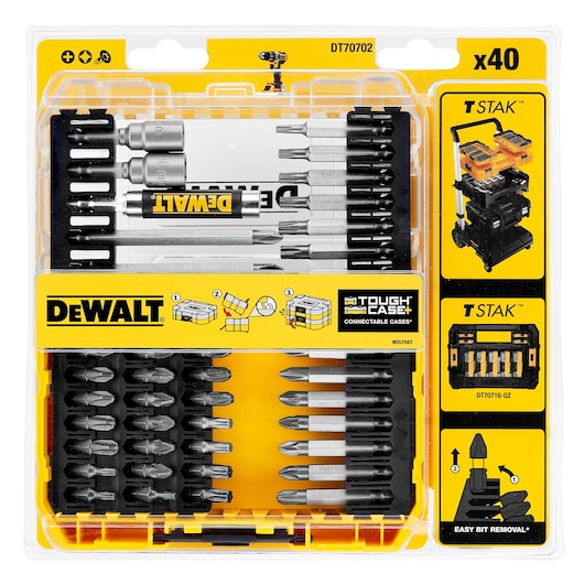 A DEWALT DT70702 Tough Case containing a 40-piece set of screwdriver and drill bits, with DEWALT branding on the packaging. The set is organized in a yellow and black plastic case, and includes instructions for connecting cases and removing bits. On the right side of the packaging, there are images showing stacking cases and tools.