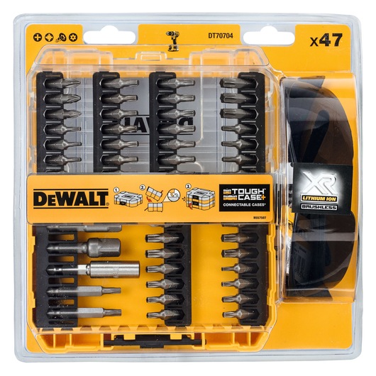 DEWALT DT70704 set containing 47 drill and screwdriver bits in a yellow and transparent plastic case. The package features DEWALT branding and includes various types of bits and holders for use with power tools.