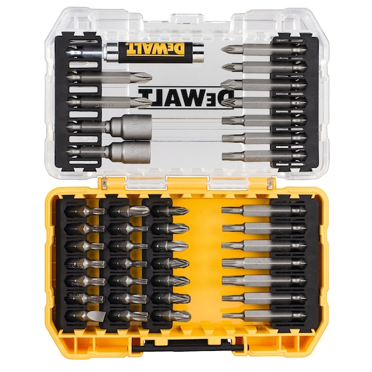 A DEWALT branded yellow and transparent plastic case containing an organized set of various screwdriver bits, including Philips, slotted, and other types, along with two socket adapters. The bits are arranged neatly in the case.
