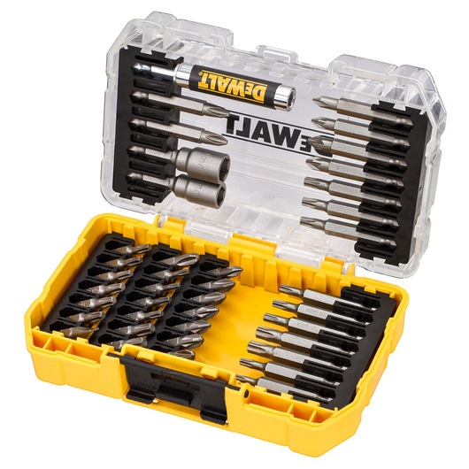 A DEWALT branded clear and yellow plastic case containing a set of various drill and screwdriver bits organized inside. The case displays multiple slots holding metal bits of different sizes and shapes, along with a bit holder and two socket attachments.