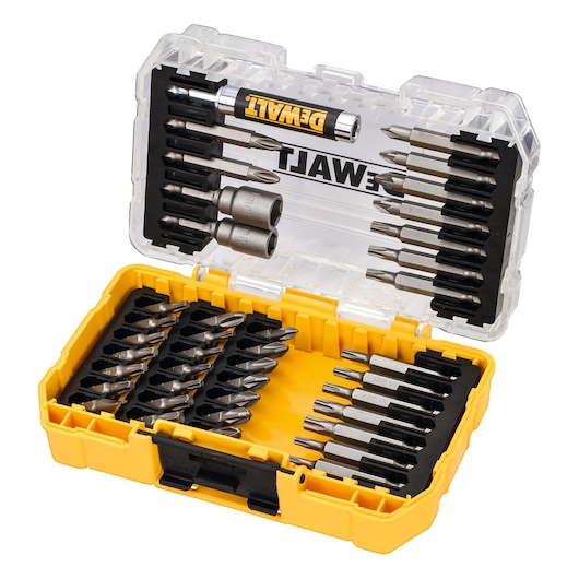 A DEWALT branded yellow and transparent plastic case containing an assortment of screwdriver bits and drill bits, neatly organized in rows. The set includes various types and sizes of bits suitable for different tasks.