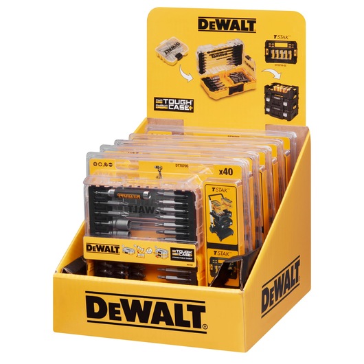 Display box containing multiple DEWALT Tough Case+ DT70705 drill bit sets. The packaging showcases the DEWALT branding and images of the Tough Case+ and TSTAK storage systems. Each set includes various drill bits organized inside a clear case.
