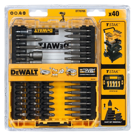 DEWALT DT70705 photography category product image showing a 40-piece set of drill and screwdriver bits in a transparent and yellow Tough Case, with illustrated instructions and compatibility details for TSTAK storage.