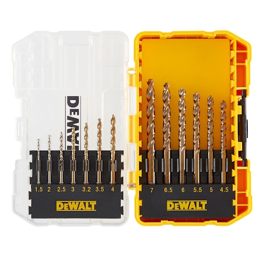 A DEWALT drill bit set in an open plastic carrying case, showing multiple metal drill bits of varying sizes arranged in slots, with size labels ranging from 1.5 to 7.