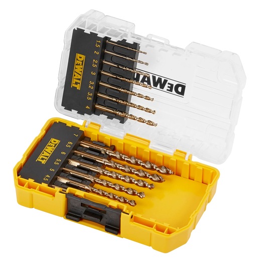 An open DEWALT branded yellow and transparent plastic case containing a set of metal drill bits in various sizes. The sizes are labeled on the black holders inside the case.