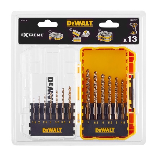DEWALT DT70710 Extreme drill bit set, containing 13 different sized metal drill bits in a transparent plastic packaging, with black and yellow compartments for organizing the bits.