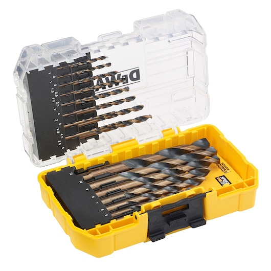 A yellow DEWALT branded plastic case with a transparent lid, containing an assortment of metal drill bits neatly organized in slots, each labeled with its respective size.