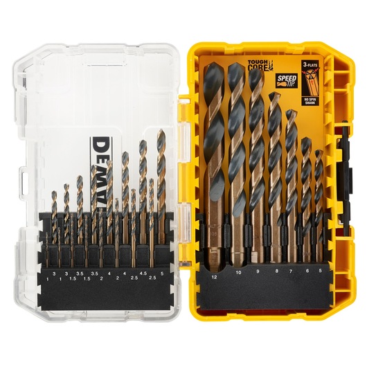 A DEWALT branded set of metal drill bits in a yellow and transparent plastic case, showing various sizes of bits organized and labeled from 1 to 12 mm.