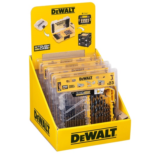 Display box containing multiple DEWALT drill bit sets in clear plastic cases. The box and header feature DEWALT branding and images showing usage and storage options for the Tough Case system.