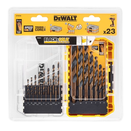 A DEWALT 23-piece Black & Gold drill bit set in a plastic case, with bits of various sizes organized in two sections. The packaging features product branding and icons describing key features such as Speed Tip, Tough Core, and No Spin Shank.