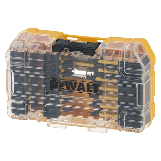 A DEWALT branded transparent plastic case containing an assortment of screwdriver bits and a bit holder, organized in rows inside the yellow and black storage box.