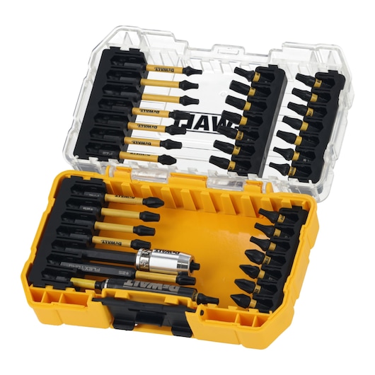 A DEWALT branded yellow and black case containing a set of various screwdriver bits and accessories, organized neatly in rows, with the lid open to display the contents.