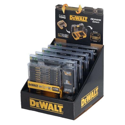 Display box containing multiple DEWALT DT70732T Flex Torq Extreme Impact Tough Case accessory sets, showing clear plastic cases with bits arranged inside and prominent DEWALT branding.