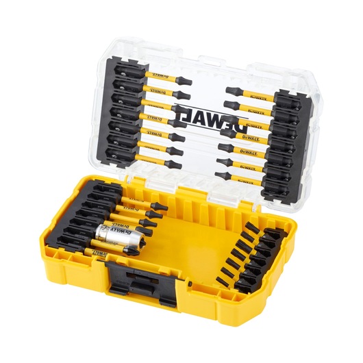 A yellow and black DEWALT branded case containing various screwdriver bits and a bit holder, neatly organized in slots with a transparent lid.