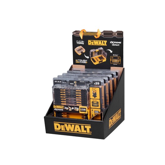 Display box containing multiple DEWALT Extreme Impact FlexTorq bit sets in clear cases, with black and yellow DEWALT branding and product details, designed for tough and high-impact applications.