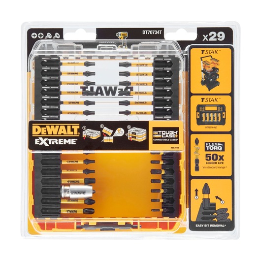 DEWALT DT70734T Extreme Tough Case, a 29-piece screwdriver bit set in a transparent plastic case with yellow and black branding. The packaging highlights compatibility with T-STAK storage, FlexTorq technology for longer bit life, and easy bit removal.