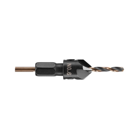 A DEWALT No.6 drill bit and countersink attachment, designed for precision wood drilling.