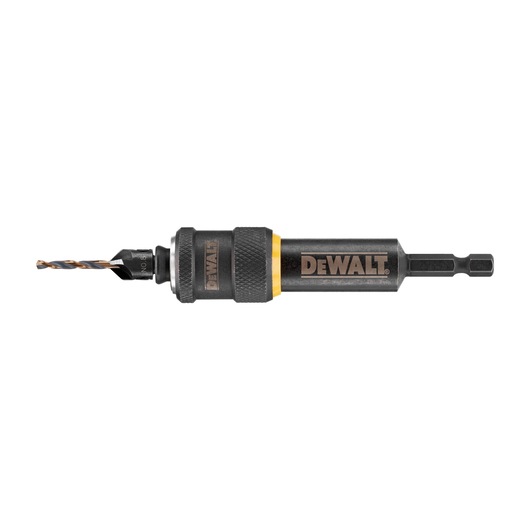 A DEWALT branded drill bit and holder attachment, featuring a black and yellow design, photographed on a white background.