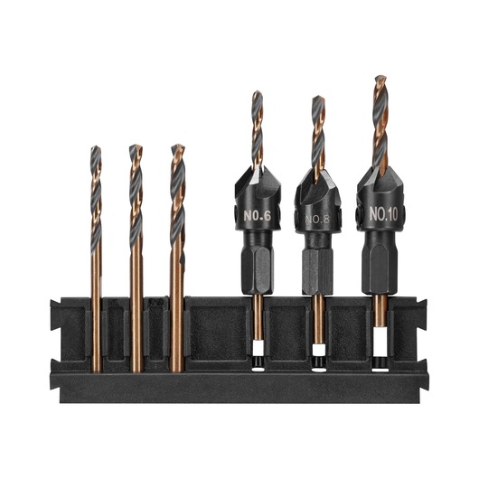 A set of six DEWALT drill bits, including countersink bits, displayed upright in a black plastic holder.