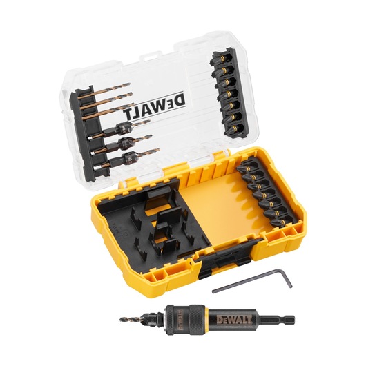 A DEWALT drill bit and screwdriver bit set in a yellow and transparent plastic case. The case contains multiple drill bits and screwdriver bits organized in holders, along with a DEWALT branded bit holder and an L-shaped hex key.