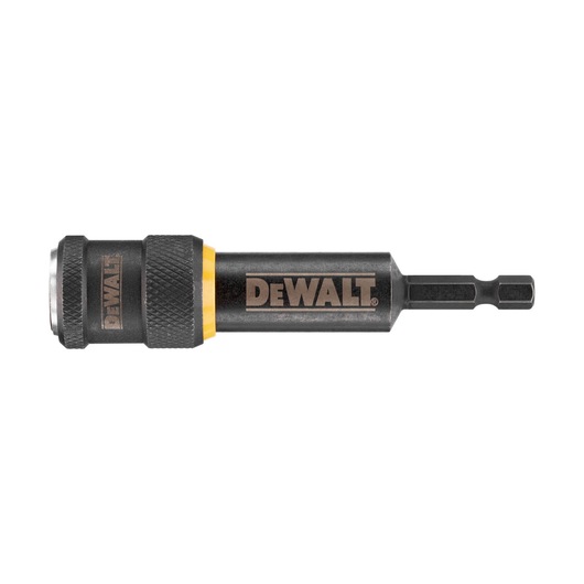 A close-up image of a DEWALT DT70779T magnetic bit holder for drills and screwdrivers, showing its cylindrical shape, black color with a yellow band, and hex shaft.
