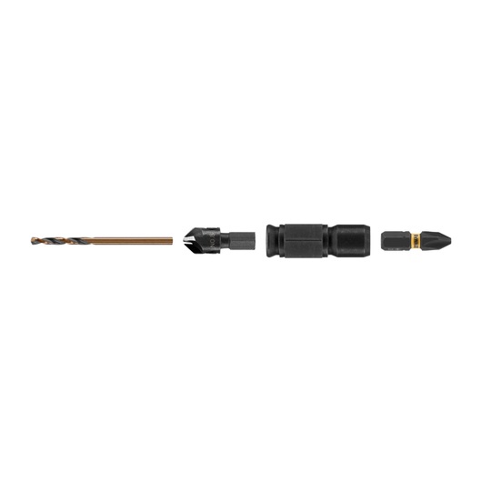 DEWALT DT70779T kit featuring four black and gold drill and screwdriver accessories arranged in a row on a white background.