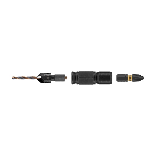 Image showing three DEWALT tool accessories: a drill bit, a bit holder, and a screwdriver bit aligned horizontally on a white background.