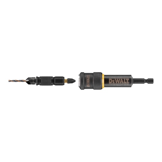 A DEWALT DT70779T drill and screwdriver bit set with a modular black and yellow handle attachment, drill bit and screwdriver bit separated, shown against a white background.