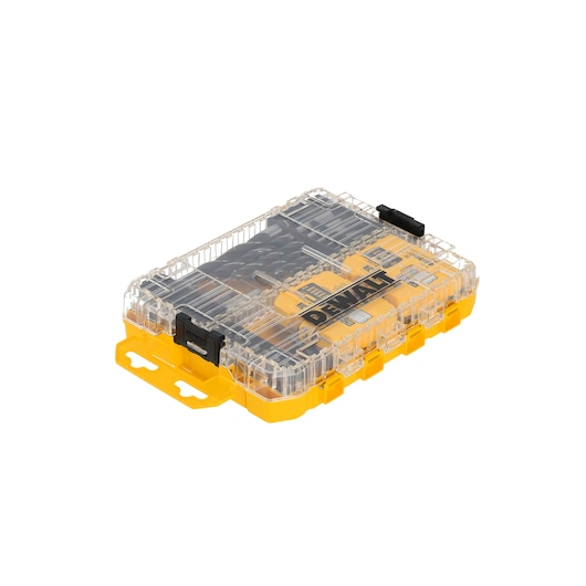 A clear plastic and yellow DEWALT branded storage case containing a set of drill bits and accessories, shown closed with black latches.