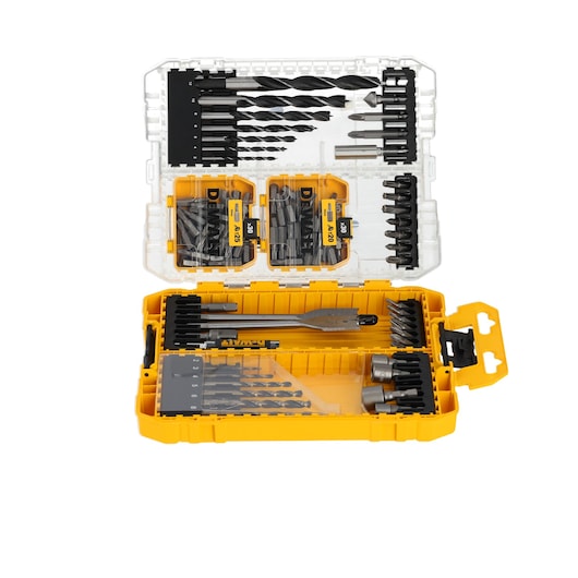 A DEWALT branded drill and screwdriver bit set in an open yellow plastic case, displaying various drill bits, screwdriver bits, and accessories organized in compartments.