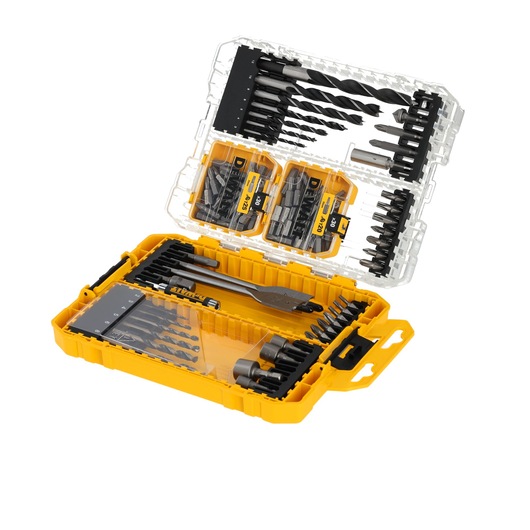 Open yellow and transparent plastic case containing a DEWALT drill and screwdriver bit set, organized with various drill bits, screwdriver bits, and adapters.