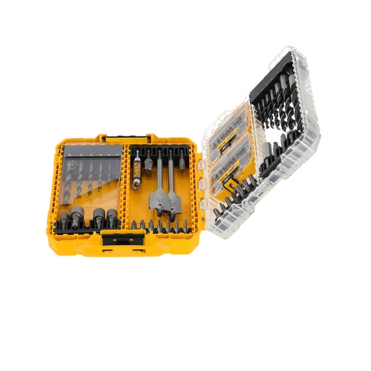 A DEWALT DT70785 drill and screwdriver bit set in a yellow plastic case with transparent compartments, containing various drill bits, screwdriver bits, and accessories.