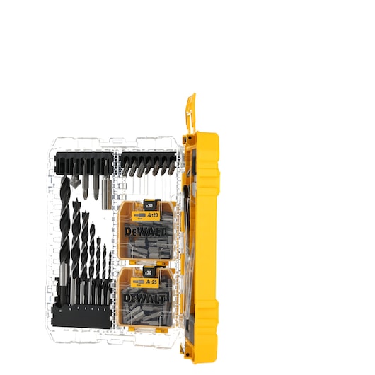 DEWALT drill bit and accessory set in a yellow plastic case with a transparent lid, containing various drill bits and screwdriver bits organized in compartments.