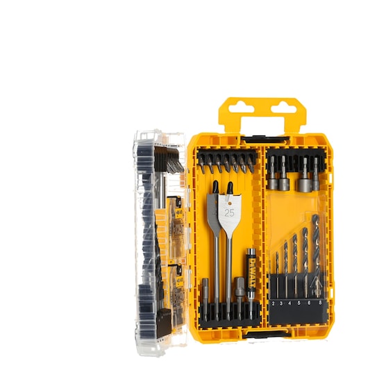 A DEWALT drill and bit set in a yellow plastic case with clear lid, containing various drill bits and accessories organized in compartments.