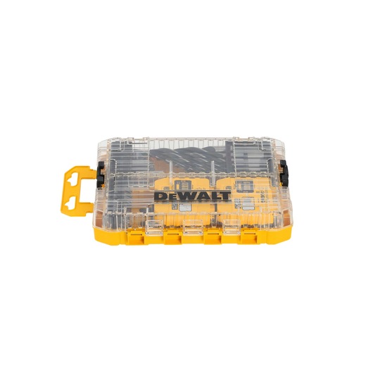A DEWALT branded yellow and transparent plastic storage case containing drill bits and accessories.