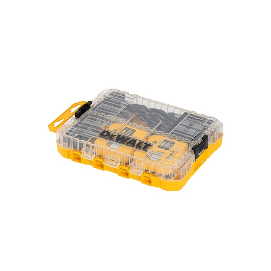 A DEWALT branded yellow and transparent plastic storage case containing an assortment of drill bits and accessories.