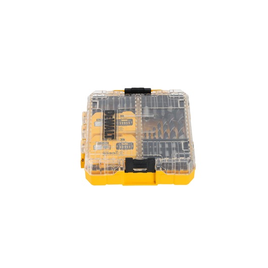 A DEWALT DT70785 tool set case with a transparent plastic lid, containing drill bits and other accessories, with yellow and black detailing.