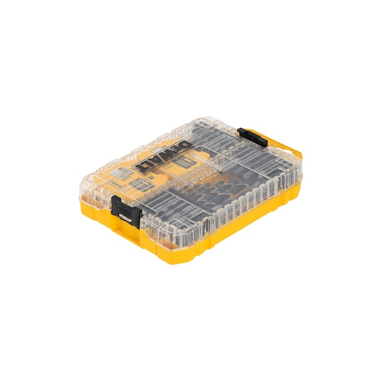 A DEWALT branded yellow and transparent plastic storage case containing a set of drill bits and accessories, shown closed with black clips.