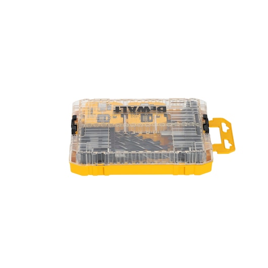 A yellow and black DEWALT branded plastic case with a transparent lid, containing an organized set of drill or screwdriver bits.
