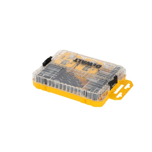 A DEWALT DT70785 drill bit set in a yellow and transparent plastic storage case, showing organized drill bits inside.